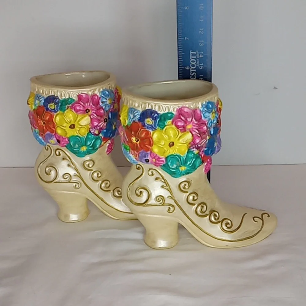 Vintage Pair Ceramic Colorful Floral Embellished Victorian Boot Shaped Vases